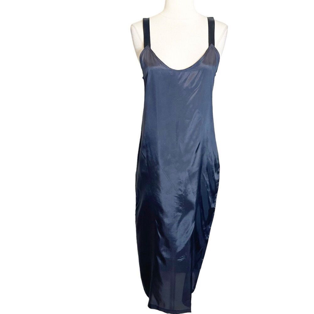 Karen Alexander Size 4 Navy Blue Slip‎ Dress Midi Satin Sheer Sleeveless Vintage